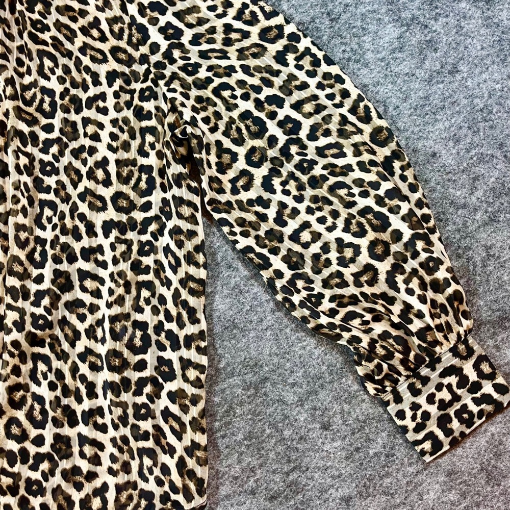 H&M Leopard Print Sheer Blouse Womens L Brown Mock Neck Long Sleeve Chic Office - Picture 5 of 12